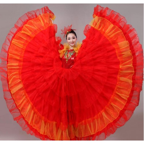 Flamenco dress Women's girls red pink petals stage performance spanish bull dance ballroom dancing dresses